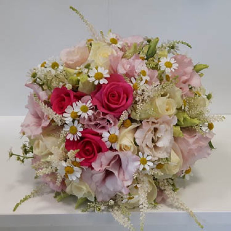 Wedding bouquet of round roses, chamomile and eustoma No. 544